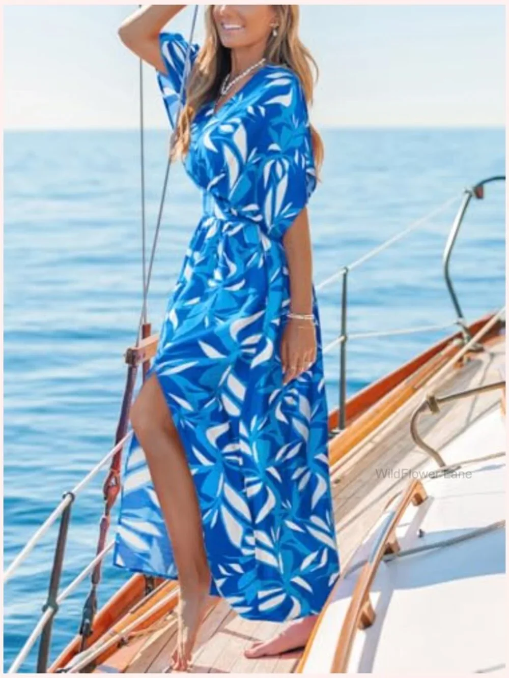 Bohemian Maxi Dress V Neck Smocked Empire Waist Slit Flowy Dress with Pockets - Picture 3 of 6